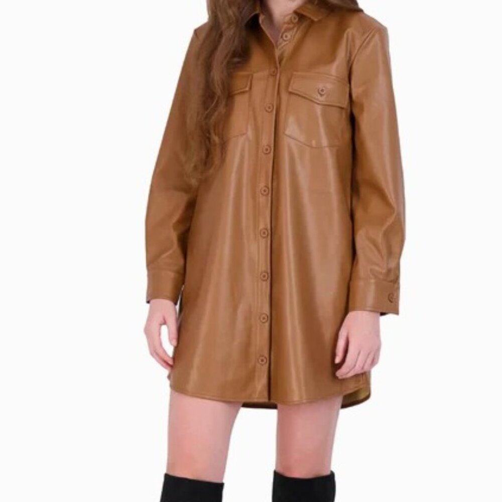 BB Dakota Vegan Leather Button Down Mini Shirt Dress, Caramel Brown, Size Small
